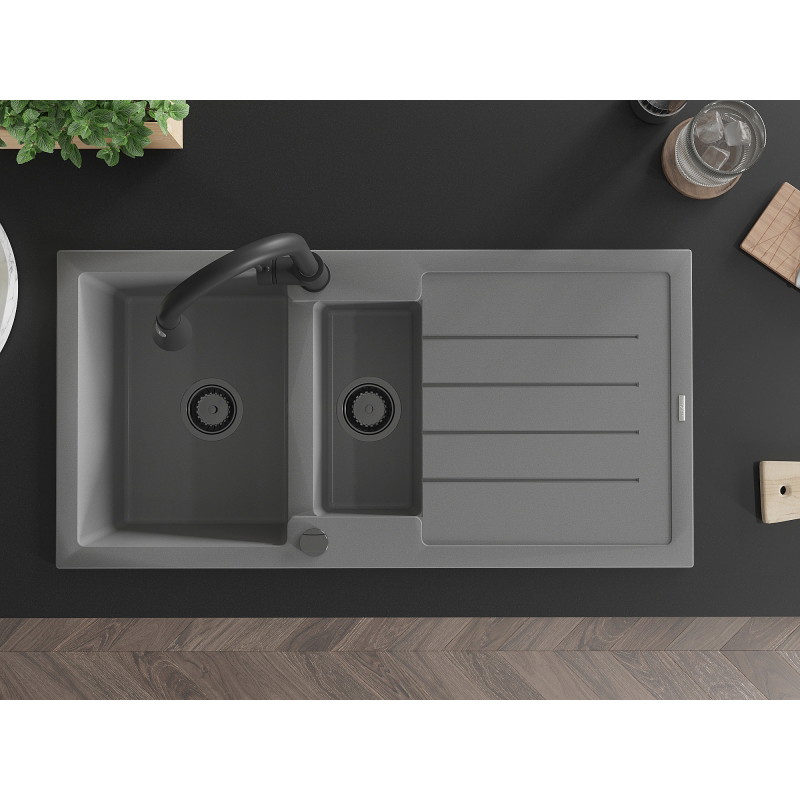 Mexen Andres granite kitchen sink 1.5-bowl with drainer and Elia kitchen faucet, gray - 6515-71-670101-70-B