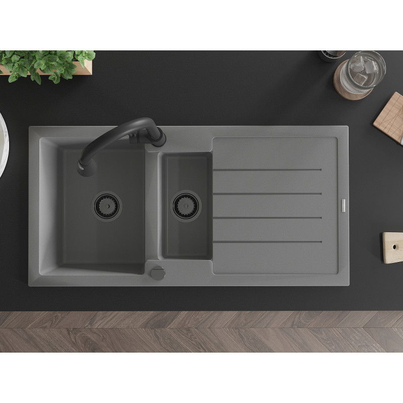 Mexen Andres granite sink 1.5-bowl with drainer and Elia kitchen tap, grey - 6515-71-670101-70-B