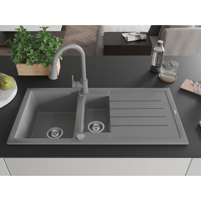 Mexen Andres granite sink 1.5-bowl with a drainer and Elia kitchen faucet, gray - 6515-71-670101-71
