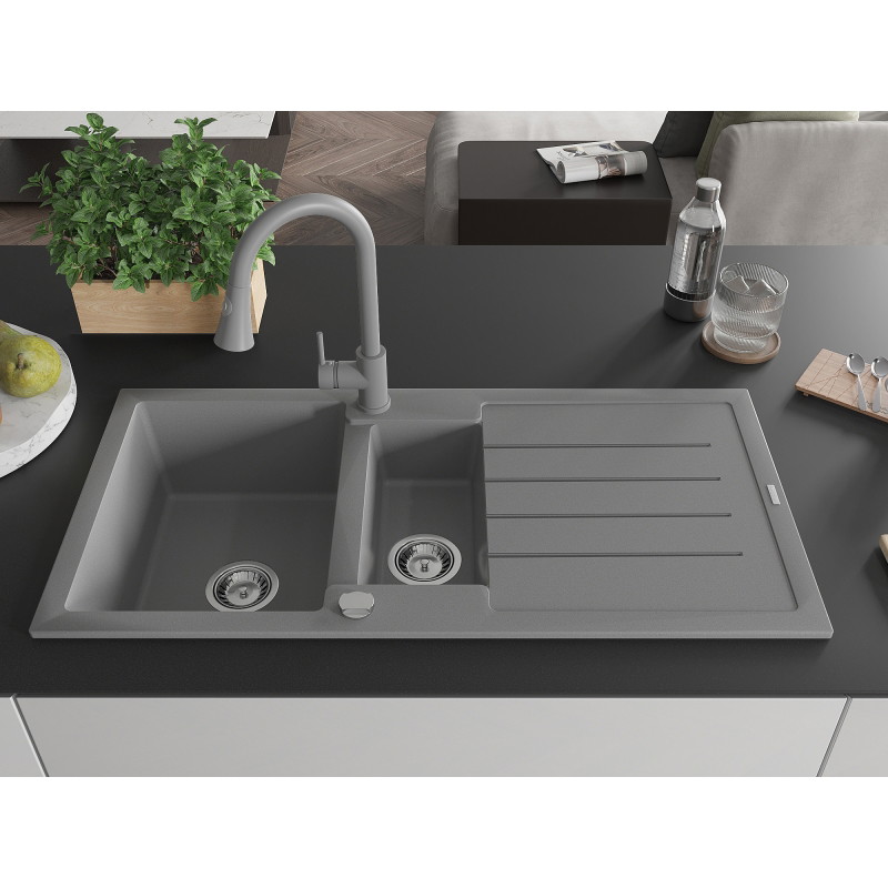 Mexen Andres gray 1.5-bowl granite sink with drainer and Elia kitchen faucet - 6515-71-670101-71