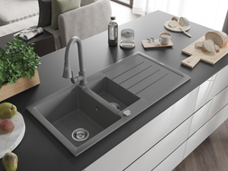 Mexen Andres 1.5-compartment granite sink with a drip tray and kitchen mixer tap Elia, Grey - 6515-71-670101-71