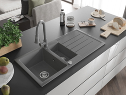 Mexen Andres granite sink 1.5-bowl with a drainer and Elia kitchen faucet, gray - 6515-71-670101-71