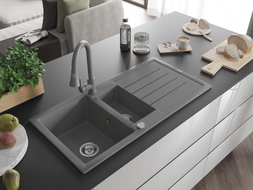 Mexen Andres gray 1.5-bowl granite sink with drainer and Elia kitchen faucet - 6515-71-670101-71