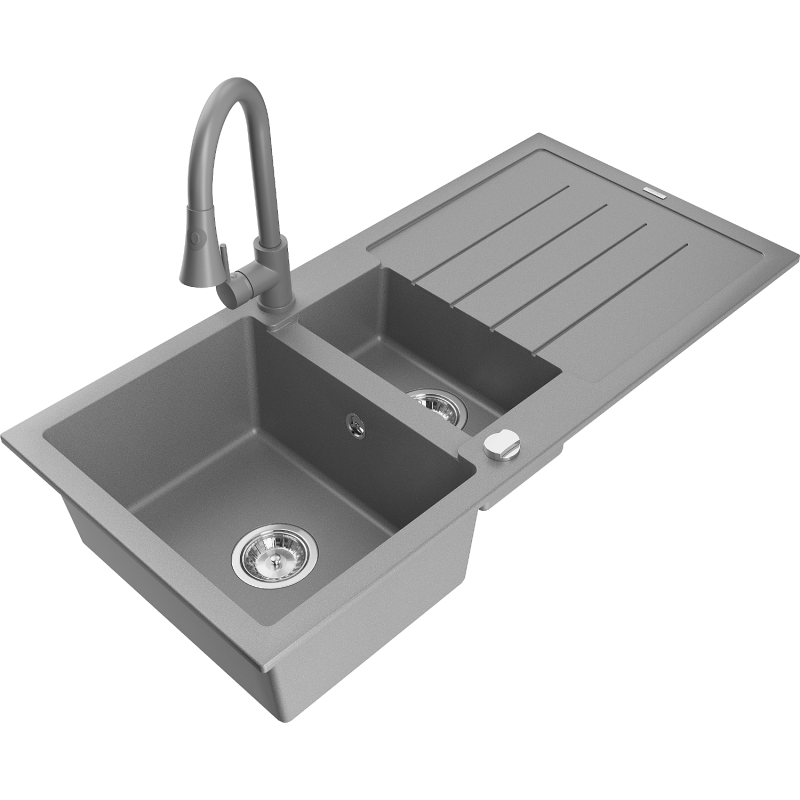 Mexen Andres granite kitchen sink 1.5-bowl with drainer and Elia kitchen tap, grey - 6515-71-670101-71