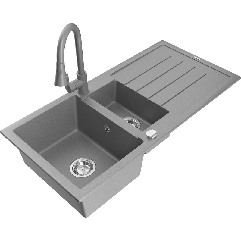 Mexen Andres gray 1.5-bowl granite sink with drainer and Elia kitchen faucet - 6515-71-670101-71