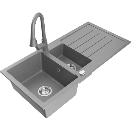 Mexen Andres 1.5-compartment granite sink with a drip tray and kitchen mixer tap Elia, Grey - 6515-71-670101-71
