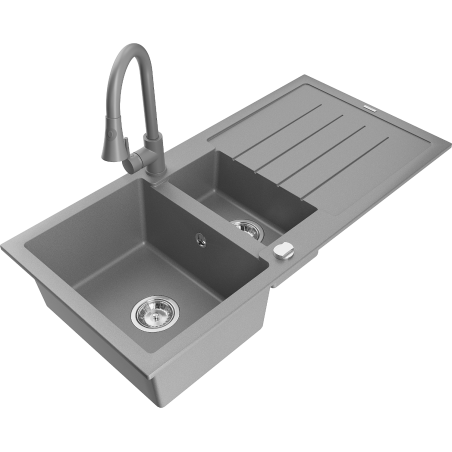 Mexen Andres granite kitchen sink 1.5-bowl with drainer and Elia kitchen tap, grey - 6515-71-670101-71