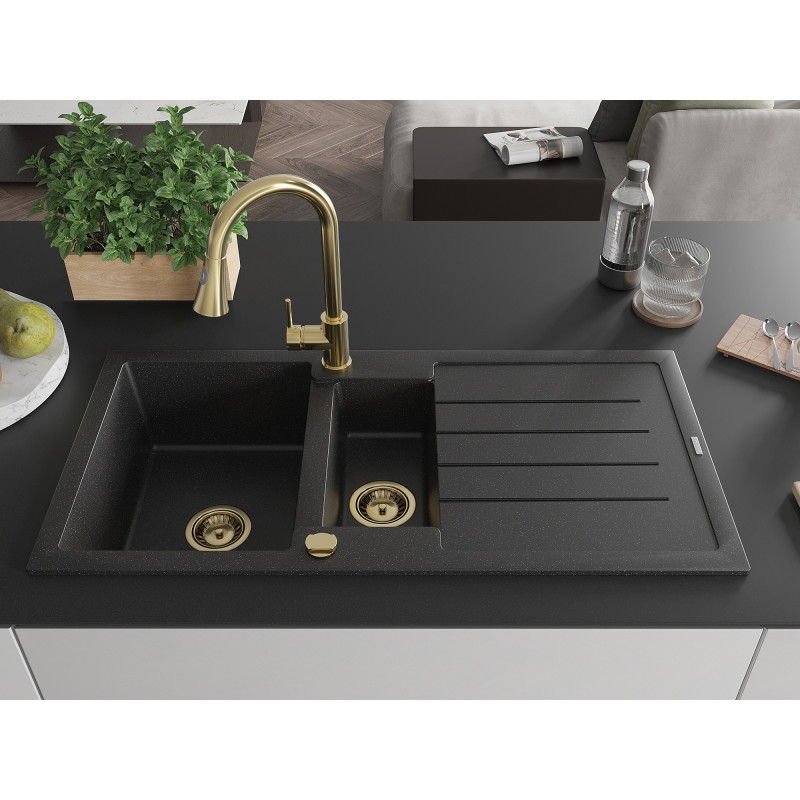 Mexen Andres 1.5-bowl granite sink with drainer and Elia kitchen faucet, black/silver metallic - 6515-73-670101-50