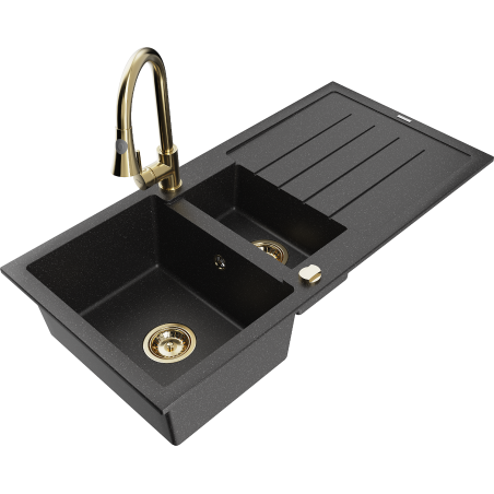 Mexen Andres 1.5-compartment granite sink with a drip tray and kitchen mixer tap Elia, Black/Silver metallic - 6515-73-670101-50