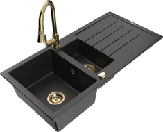 Mexen Andres 1.5-bowl granite sink with drainer and Elia kitchen faucet, black/silver metallic - 6515-73-670101-50