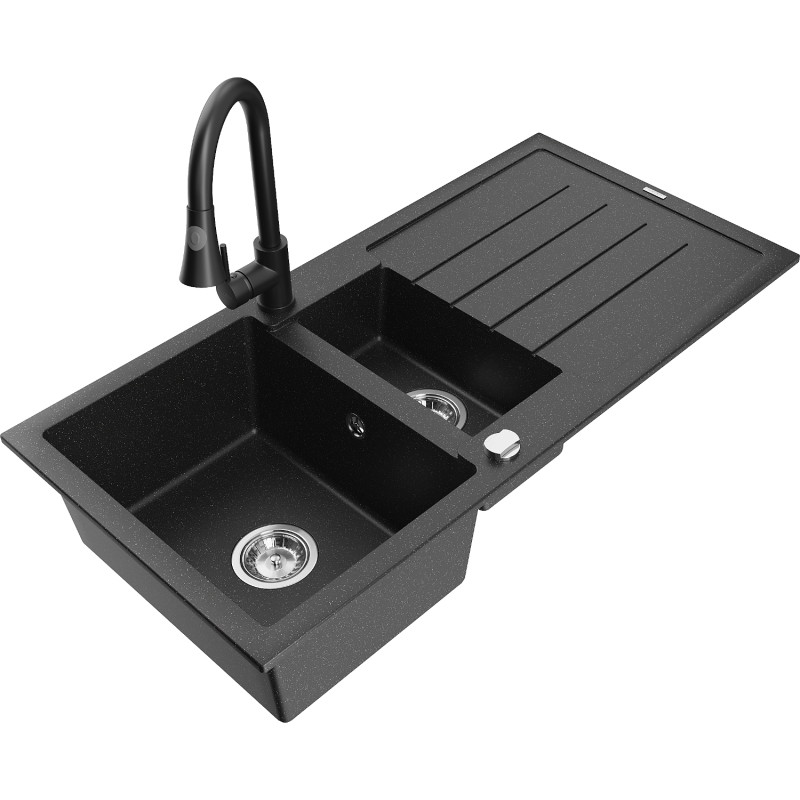 Mexen Andres granite sink 1.5-bowl with drainer and kitchen faucet Elia, black/silver metallic - 6515-73-670101-70