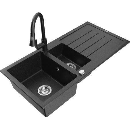 Mexen Andres granite sink 1.5-bowl with drainer and kitchen faucet Elia, black/silver metallic - 6515-73-670101-70