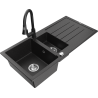 Mexen Andres 1.5-bowl granite sink with drainer and Elia kitchen faucet, black/silver metallic - 6515-73-670101-70
