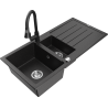 Mexen Andres granite sink 1.5-bowl with drainer and kitchen faucet Elia, black/silver metallic - 6515-73-670101-70