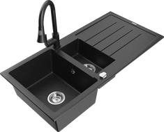 Mexen Andres granite sink 1.5-bowl with drainer and kitchen faucet Elia, black/silver metallic - 6515-73-670101-70