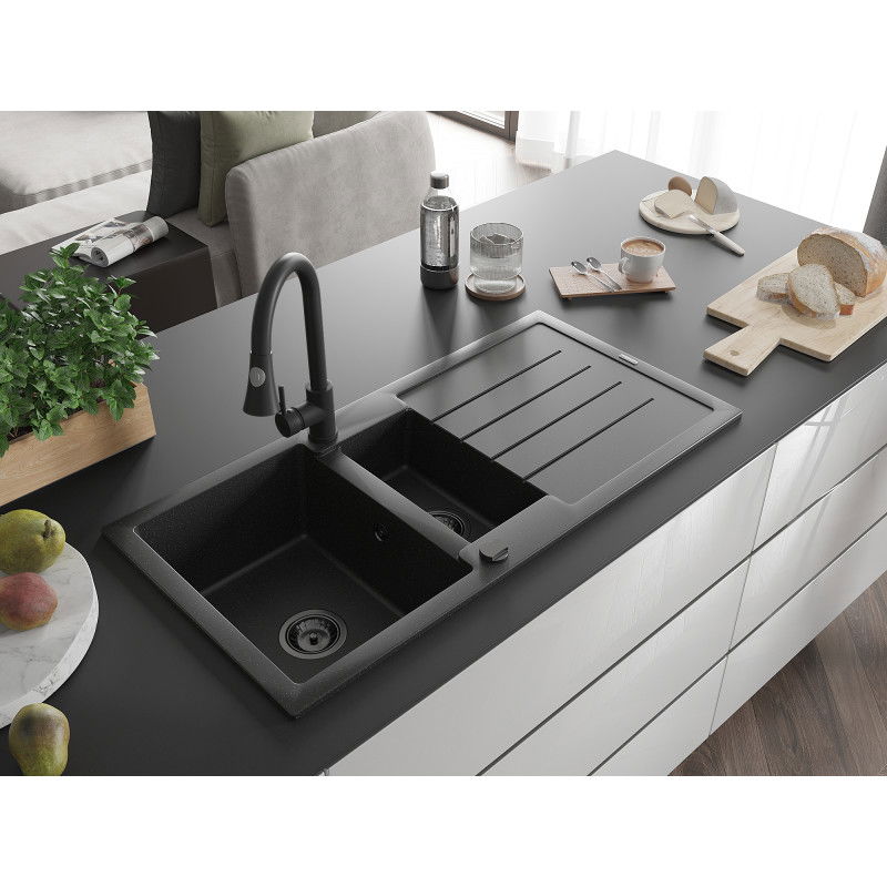 Mexen Andres granite sink 1.5-bowl with drainer and Elia kitchen faucet, black/silver - 6515-73-670101-70-B