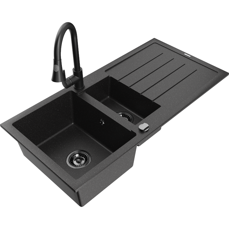 Mexen Andres 1.5-compartment granite sink with a drip tray and kitchen mixer tap Elia, Black/Silver - 6515-73-670101-70-B