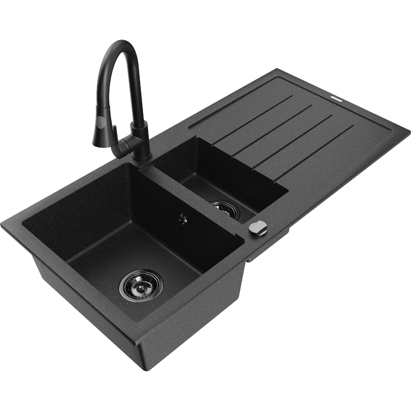 Mexen Andres granite sink 1.5-bowl with drainer and Elia kitchen faucet, black/silver - 6515-73-670101-70-B
