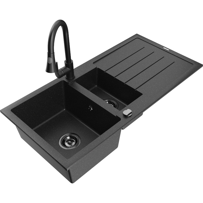 Mexen Andres granite sink 1.5-bowl with drainer and kitchen faucet Elia, black/silver - 6515-73-670101-70-B