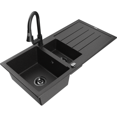Mexen Andres 1.5-compartment granite sink with a drip tray and kitchen mixer tap Elia, Black/Silver - 6515-73-670101-70-B