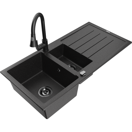 Mexen Andres granite sink 1.5-bowl with drainer and Elia kitchen faucet, black/silver - 6515-73-670101-70-B