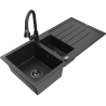 Mexen Andres 1.5-bowl granite sink with drainer and Elia kitchen faucet, black/silver - 6515-73-670101-70-B