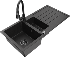 Mexen Andres 1.5-bowl granite sink with drainer and Elia kitchen faucet, black/silver - 6515-73-670101-70-B
