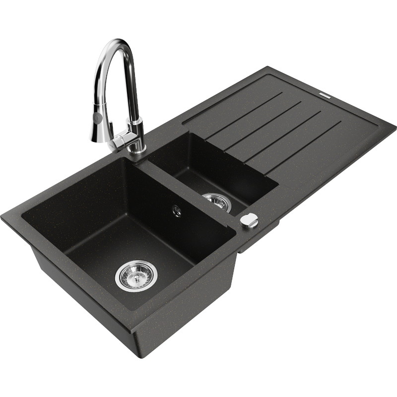 Mexen Andres granite sink 1.5-bowl with drainer and kitchen faucet Elia, black/gold metallic - 6515-75-670101-00