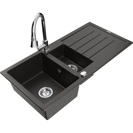 Mexen Andres granite sink 1.5-bowl with drainer and kitchen faucet Elia, black/gold metallic - 6515-75-670101-00