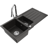 Mexen Andres granite sink 1.5-bowl with drainer and kitchen faucet Elia, black/gold metallic - 6515-75-670101-00