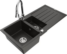 Mexen Andres granite sink 1.5-bowl with drainer and kitchen faucet Elia, black/gold metallic - 6515-75-670101-00