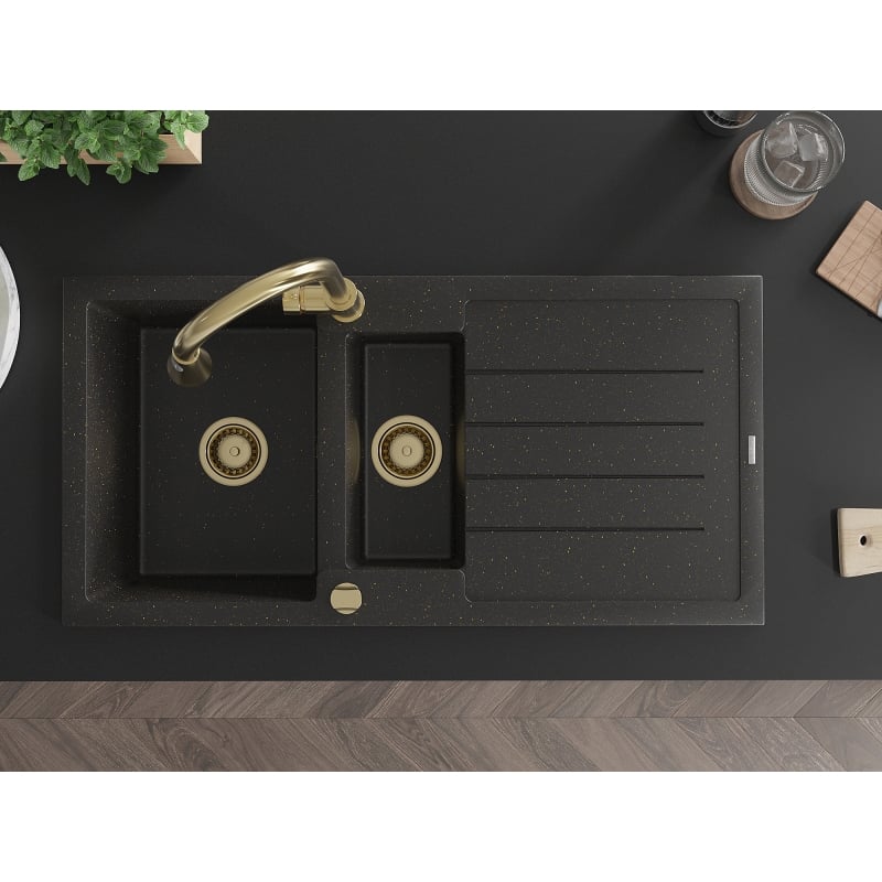 Mexen Andres granite sink 1.5-bowl with drainer and kitchen mixer Elia, black/gold metallic - 6515-75-670101-50