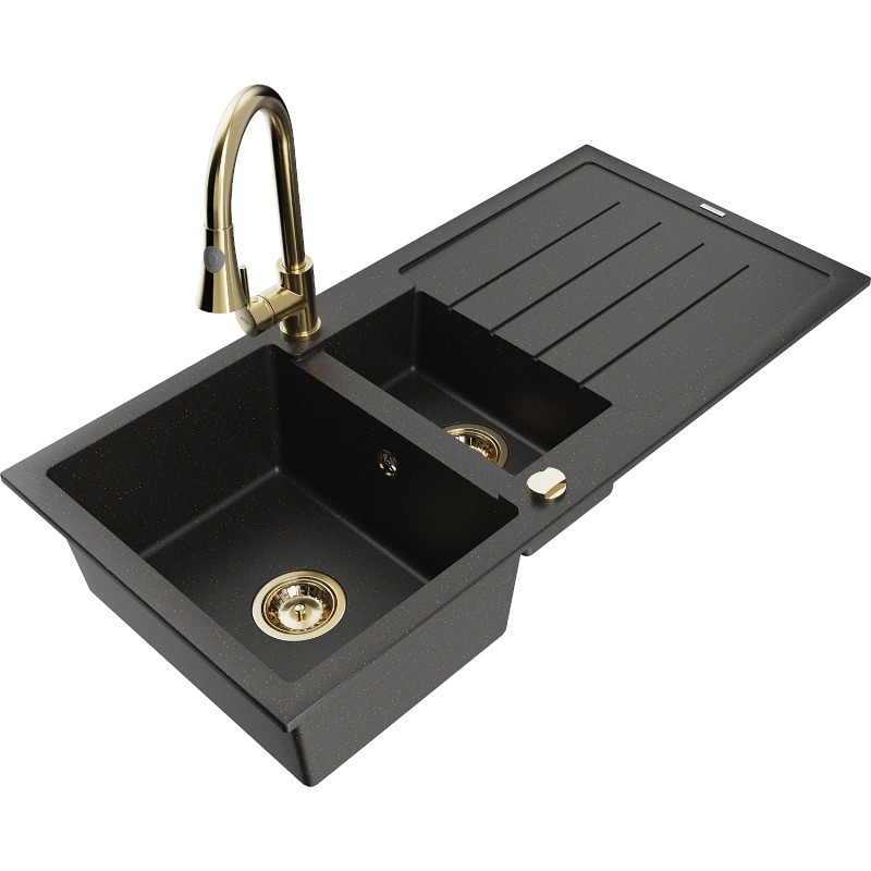 Mexen Andres 1.5-bowl granite sink with drainer and Elia kitchen faucet, black/gold metallic - 6515-75-670101-50