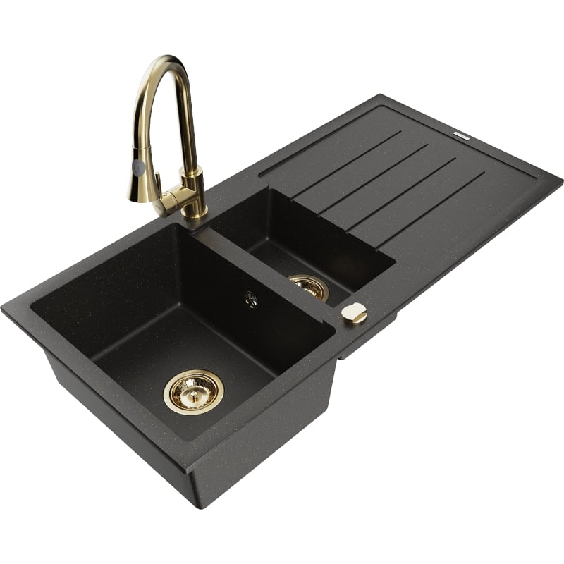 Mexen Andres granite sink 1.5-bowl with drainer and kitchen mixer Elia, black/gold metallic - 6515-75-670101-50