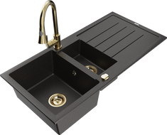 Mexen Andres granite sink 1.5-bowl with drainer and Elia kitchen tap, black/gold metallic - 6515-75-670101-50