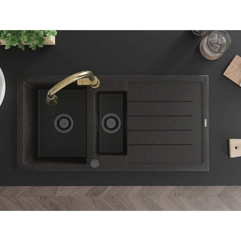 Mexen Andres granite sink 1.5-bowl with drainer and Elia kitchen faucet, black/gold metallic - 6515-75-670101-50-B