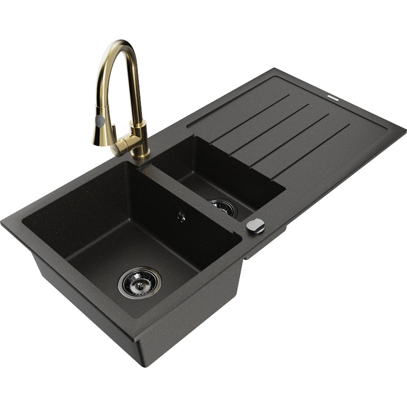 Mexen Andres granite sink 1.5-bowl with drainer and Elia kitchen faucet, black/gold metallic - 6515-75-670101-50-B