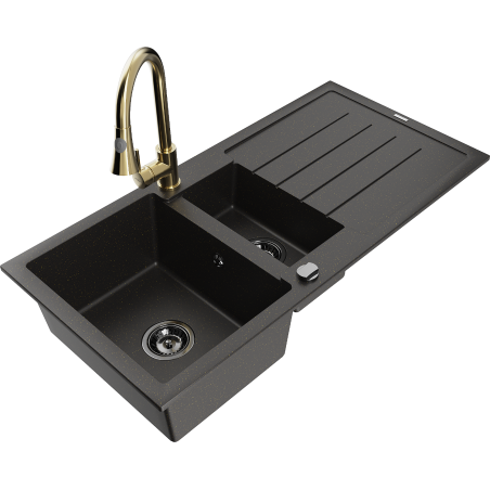 Mexen Andres granite sink 1.5-bowl with drainer and Elia kitchen faucet, black/gold metallic - 6515-75-670101-50-B