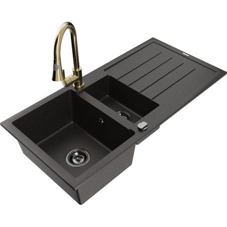 Mexen Andres granite sink 1.5-bowl with drainer and Elia kitchen tap, black/golden metallic - 6515-75-670101-50-B