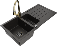 Mexen Andres granite sink 1.5-bowl with drainer and Elia kitchen faucet, black/gold metallic - 6515-75-670101-50-B