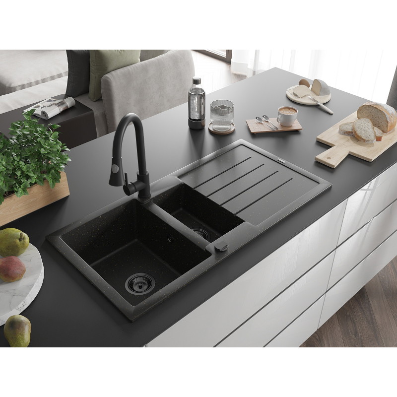Mexen Andres granite sink with 1.5 bowls with drainer and Elia kitchen faucet, black/gold metallic - 6515-75-670101-70-B