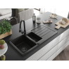 Mexen Andres granite sink with 1.5 bowls with drainer and Elia kitchen faucet, black/gold metallic - 6515-75-670101-70-B