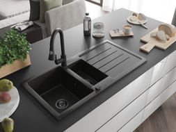 Mexen Andres granite sink with 1.5 bowls with drainer and Elia kitchen faucet, black/gold metallic - 6515-75-670101-70-B