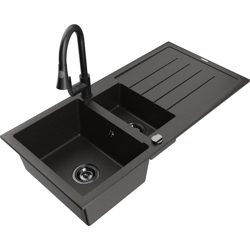 Mexen Andres 1.5-compartment granite sink with a drip tray and kitchen mixer tap Elia, Black/Gold metallic - 6515-75-670101-70-B