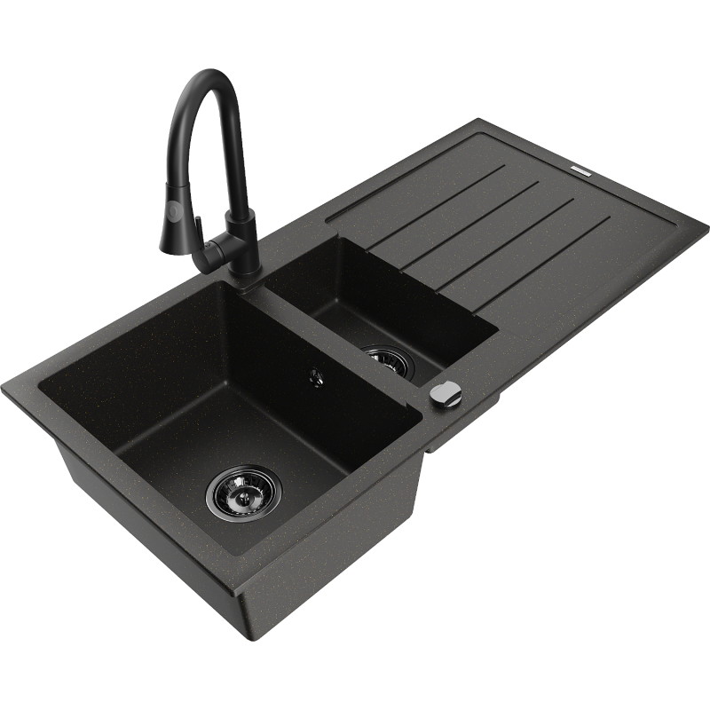 Mexen Andres granite sink with 1.5 bowls with drainer and Elia kitchen faucet, black/gold metallic - 6515-75-670101-70-B