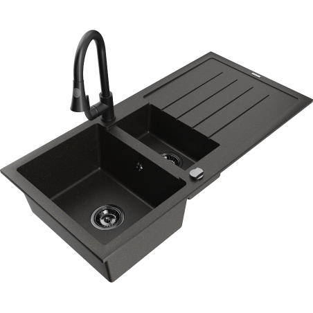 Mexen Andres 1.5-compartment granite sink with a drip tray and kitchen mixer tap Elia, Black/Gold metallic - 6515-75-670101-70-B