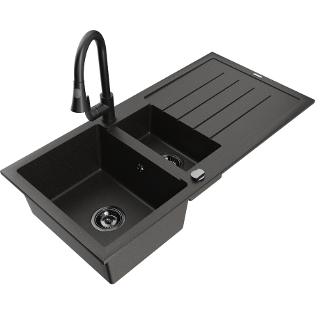 Mexen Andres granite sink with 1.5 bowls with drainer and Elia kitchen faucet, black/gold metallic - 6515-75-670101-70-B