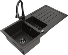 Mexen Andres granite sink 1.5-bowl with drainer and Elia kitchen tap, black/gold metallic - 6515-75-670101-70-B