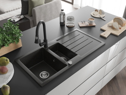 Mexen Andres granite sink 1.5-bowl with drainer and Elia kitchen faucet, black/gold metallic - 6515-75-670101-70