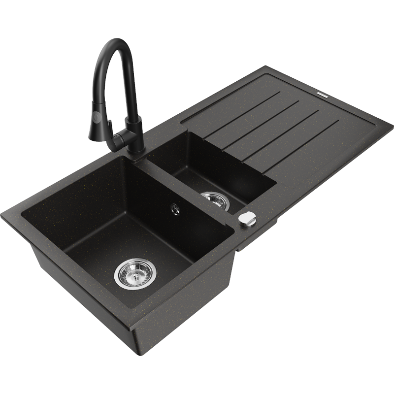 Mexen Andres 1.5-compartment granite sink with a drip tray and kitchen mixer tap Elia, Black/Gold metallic - 6515-75-670101-70